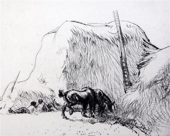 Edmund Blampied (1886-1966) Haystack and horses, 8.5 x 11in.